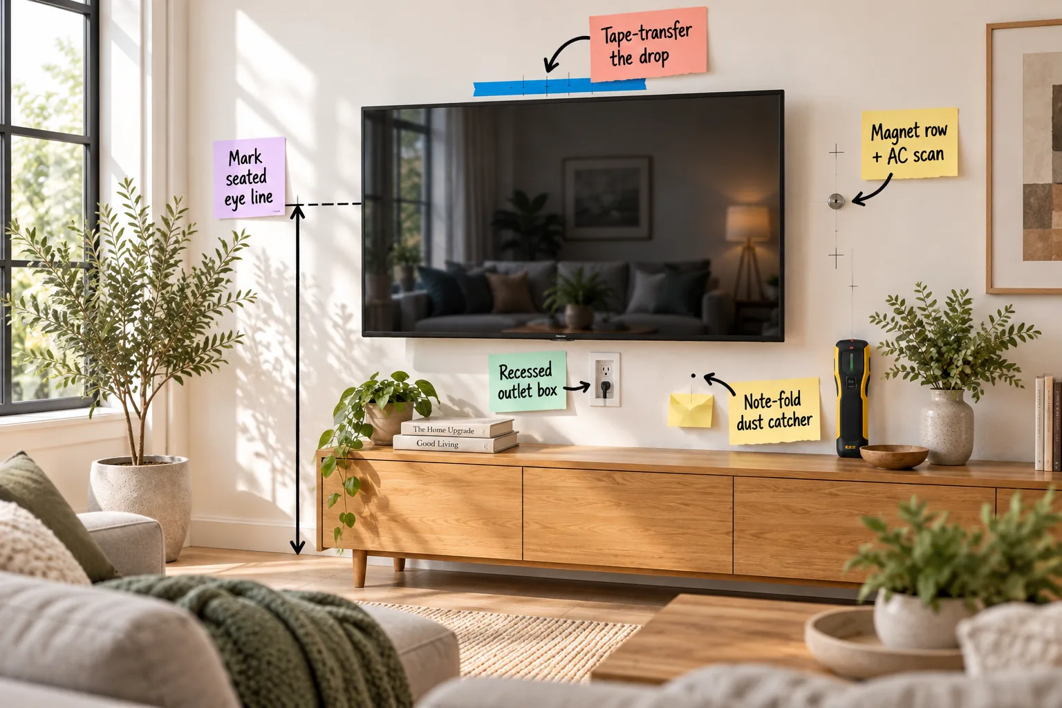 Flat-screen TV mounted above a light oak console with installation marks including a magnet, painter's tape, and sticky note still visible on the wall.