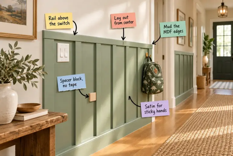 Sage green half-wall board-and-batten paneling in a sunlit hallway with a child's backpack hanging on a brass hook.