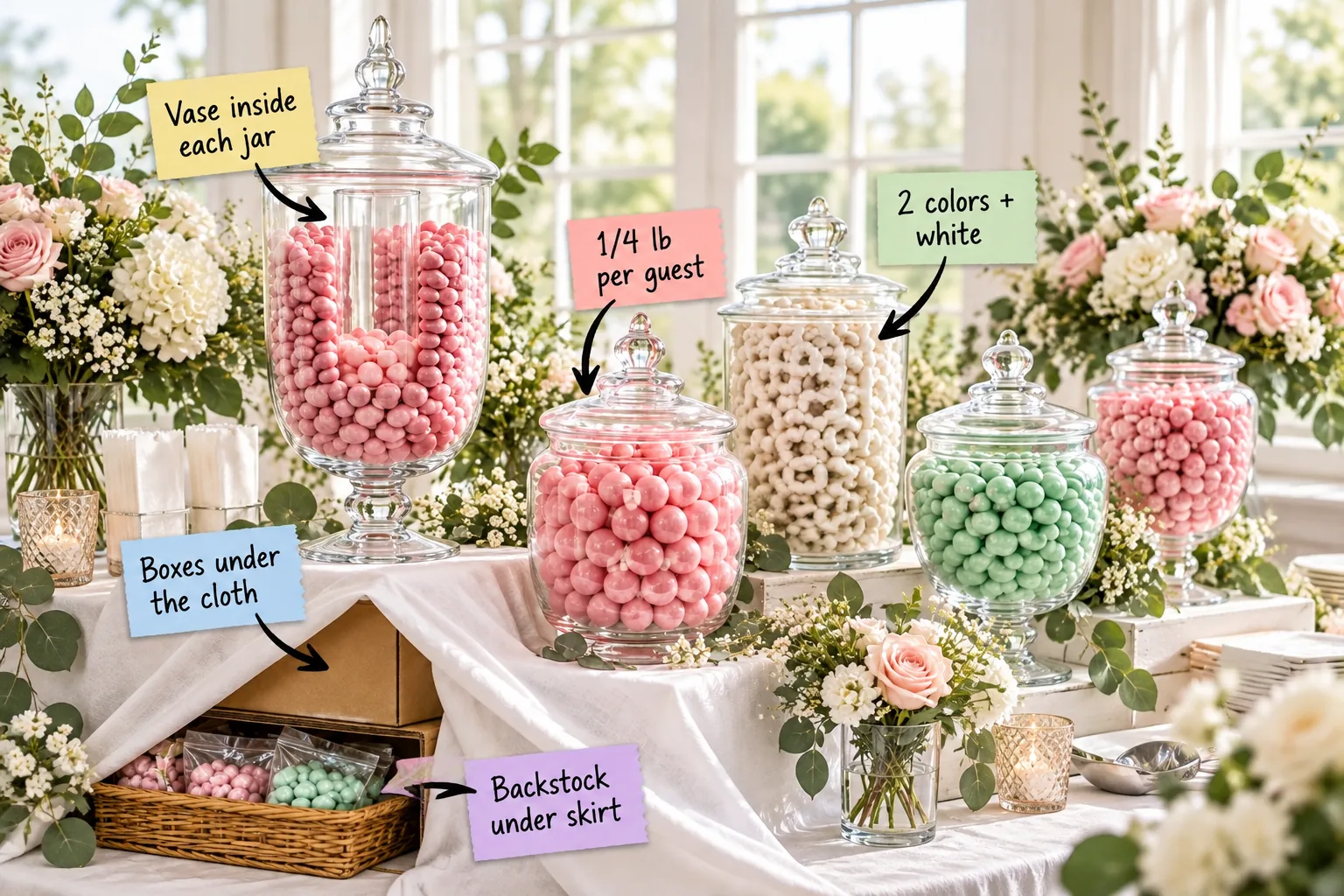 A wedding candy bar with pink, mint, and white candies in apothecary jars on a white linen table, with one corner lifted to reveal a cardboard box riser and backup candy.