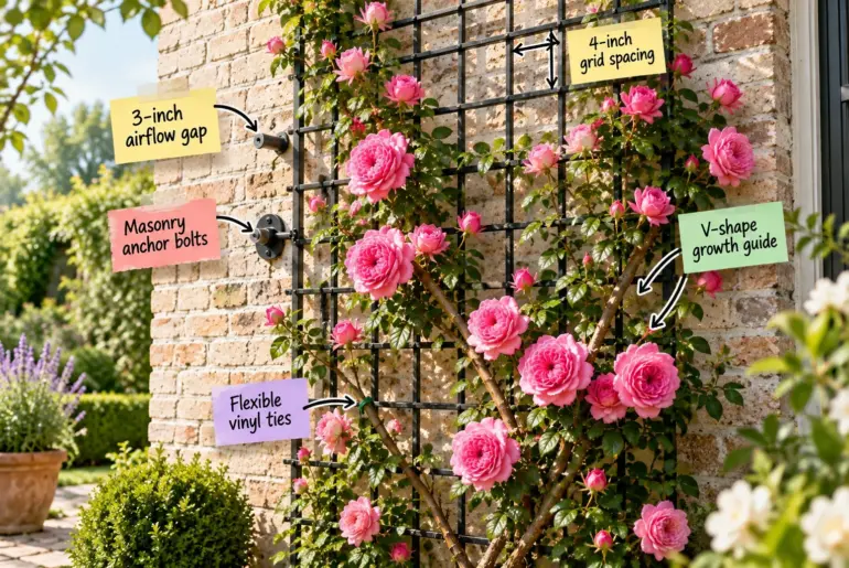A tall, elegant metal grid trellis mounted to a warm brick exterior wall, heavily woven with blooming pink climbing roses.