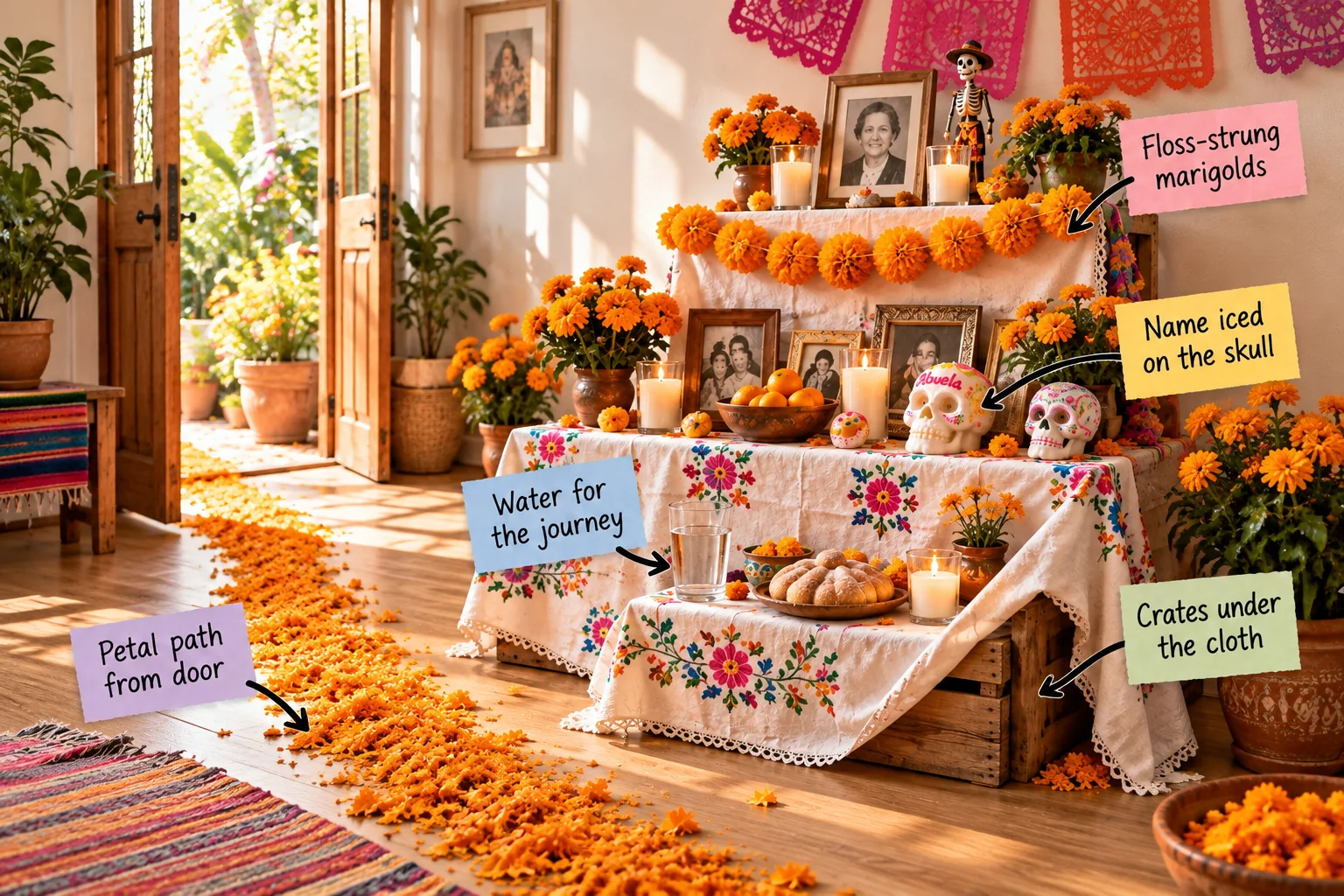 A three-tier ofrenda built on a low bookshelf, draped in a white embroidered cloth with marigolds, sugar skulls, candles, and a petal path on the floor.