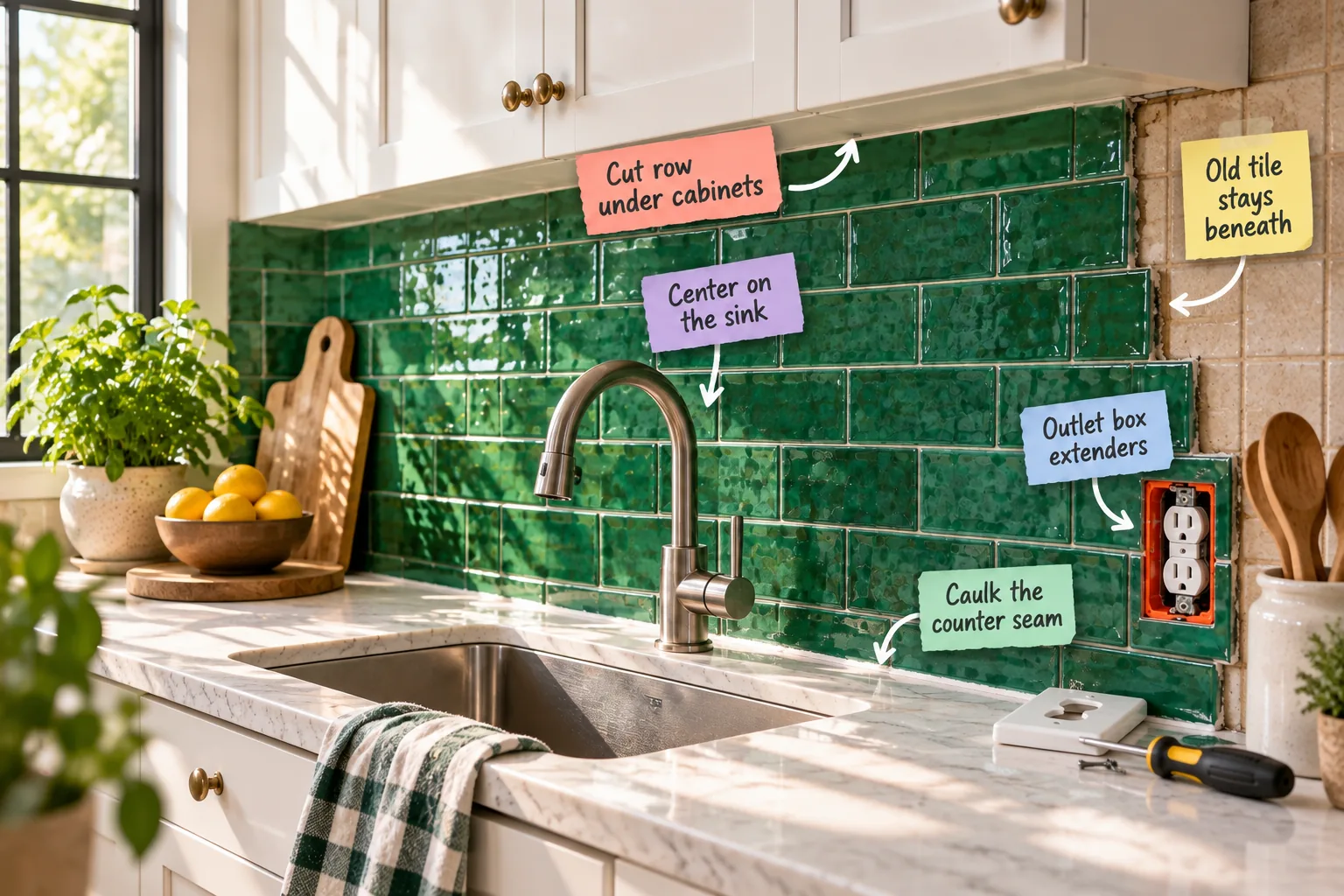 Sunlit kitchen featuring glossy emerald-green subway tile newly installed over old beige square tile, with tools resting on the marble counter.
