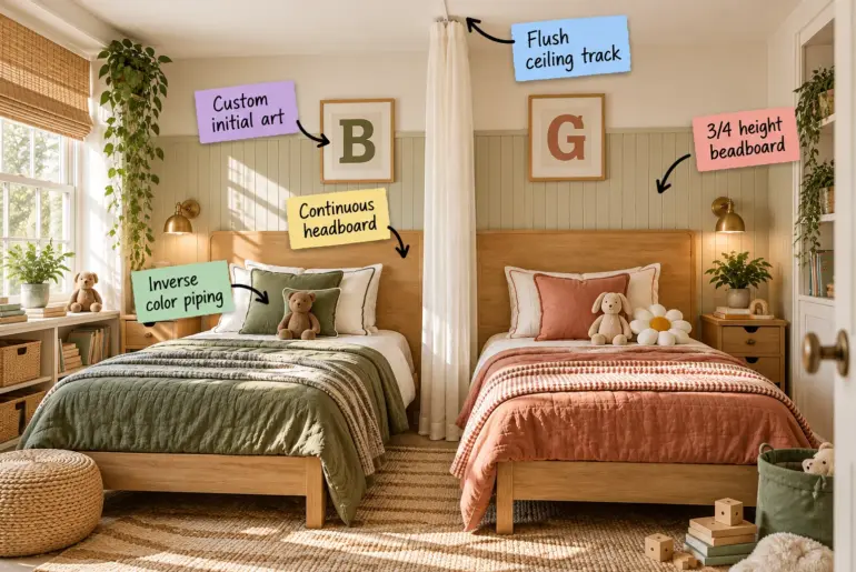 A beautifully balanced boy and girl shared bedroom with sage green and terracotta bedding, a continuous light oak headboard, and a sheer center divider.