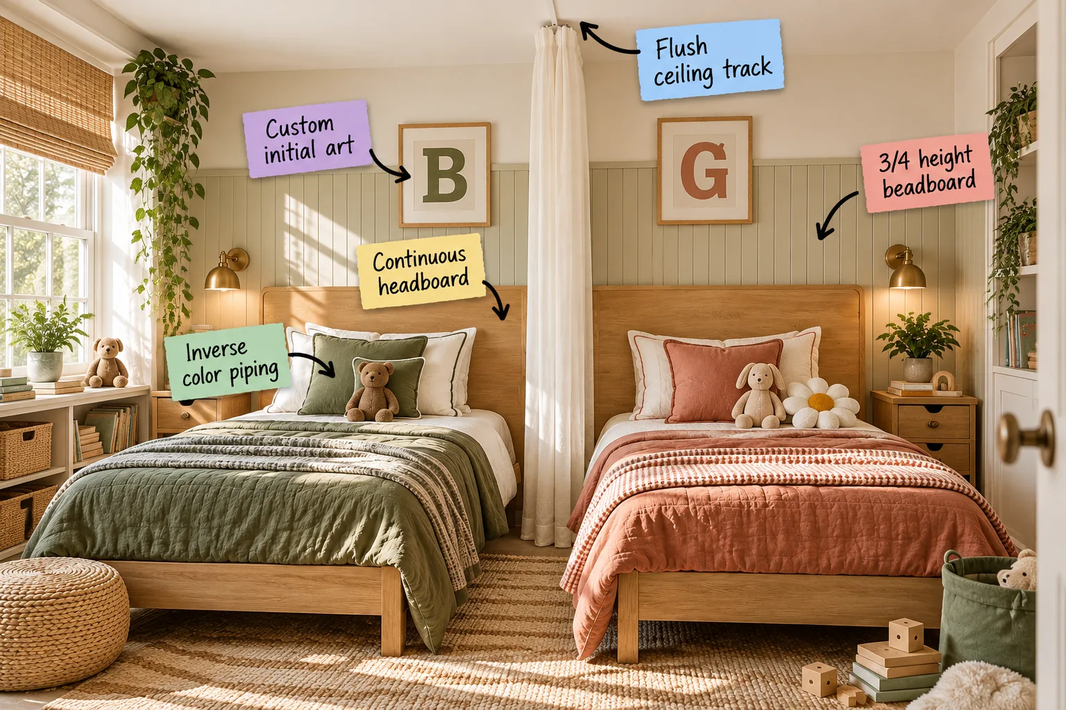 A beautifully balanced boy and girl shared bedroom with sage green and terracotta bedding, a continuous light oak headboard, and a sheer center divider.