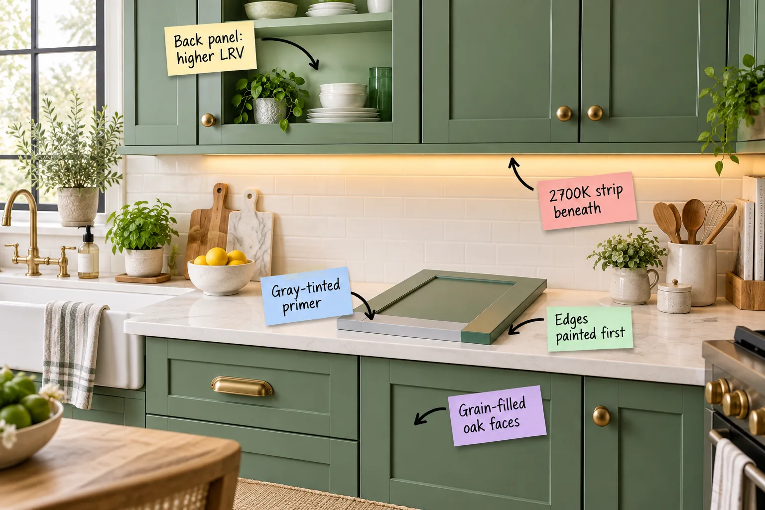 Sage green kitchen cabinets with brass hardware, featuring a glass-front upper cabinet, warm under-cabinet lighting, and a partially painted sample door on a white countertop.