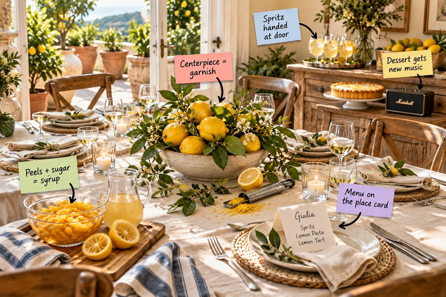 A bright dinner party table set for six, featuring a lemon centerpiece, lemon spritz drinks, and place cards with menus.