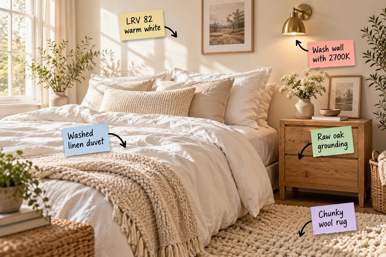 A serene white bedroom featuring layered linen bedding, a raw oak nightstand, a brass sconce, and a chunky wool rug, with sticky notes labeling the materials.