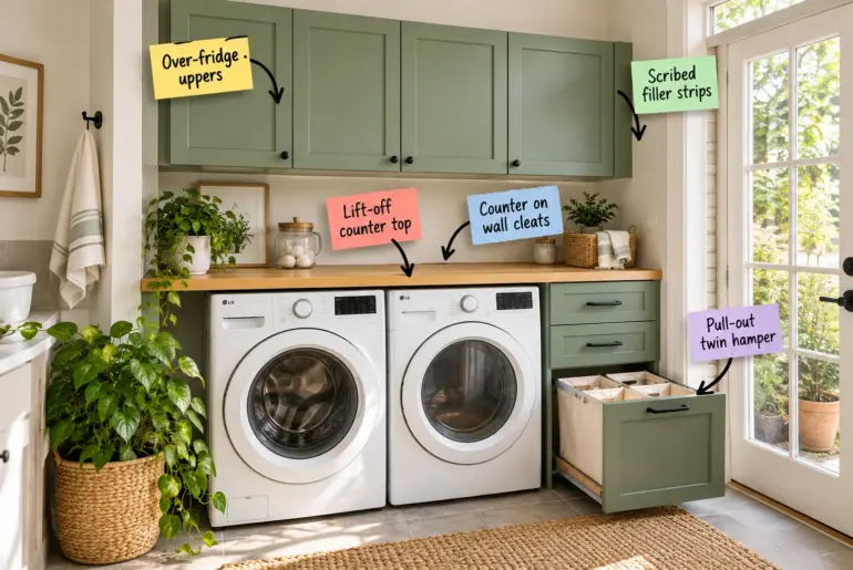 A small laundry room featuring sage green upper cabinets, a butcher block counter over a white washer and dryer, and a matching green pull-out hamper cabinet.