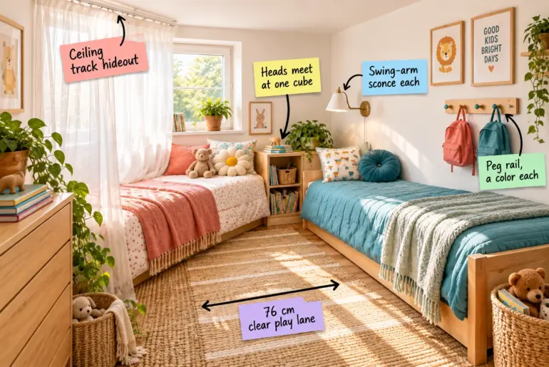 A sunny shared kids bedroom with two twin beds arranged in an L-shape around a corner cube shelf, with a sheer curtain over one bed and a clear rug pathway.