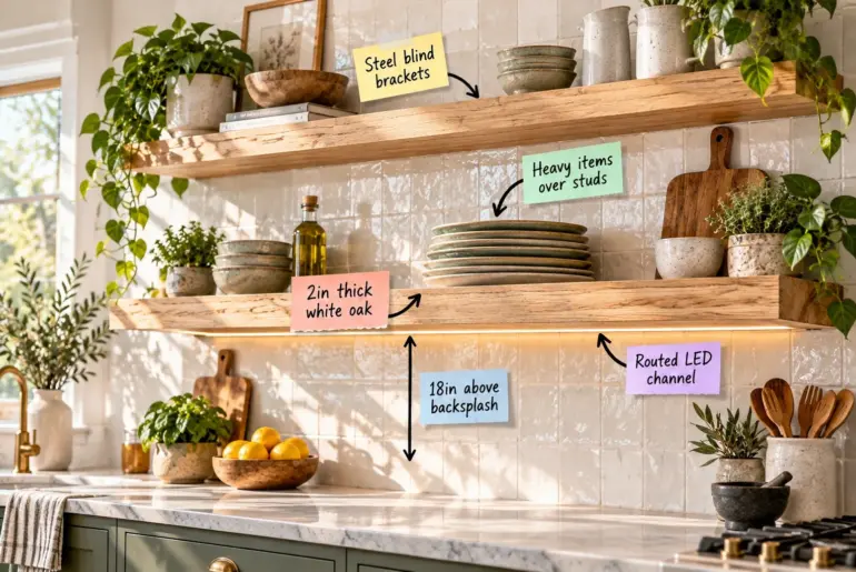 Bright kitchen with thick white oak floating shelves over a zellige tile backsplash, styled with ceramic dinnerware and under-shelf lighting.
