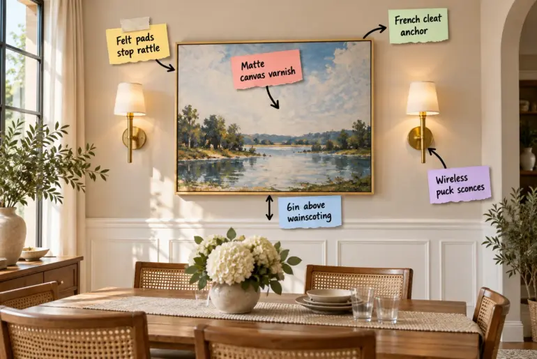 A styled dining room wall with a large landscape canvas, brass sconces, and white wainscoting, overlaid with notes pointing out hidden installation details.
