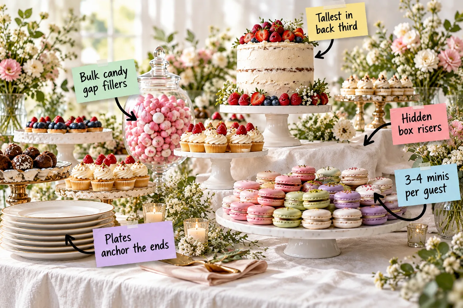 A lush, multi-tiered dessert table featuring a central cake, macarons, cupcakes, and glass candy jars on a white linen tablecloth.