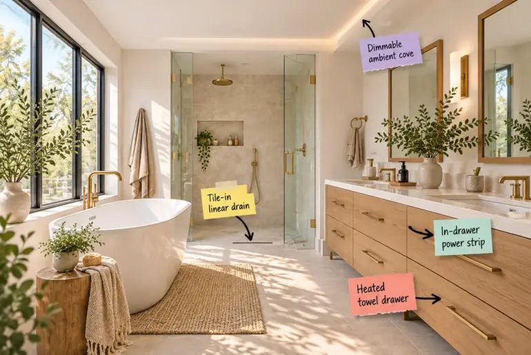 A sunlit luxury master bathroom featuring a white freestanding tub, a curbless glass shower, and a warm oak double vanity.