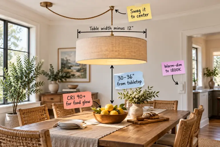 A sunlit dining room with a wide drum pendant swagged to the center over an oak table with a bowl of lemons.
