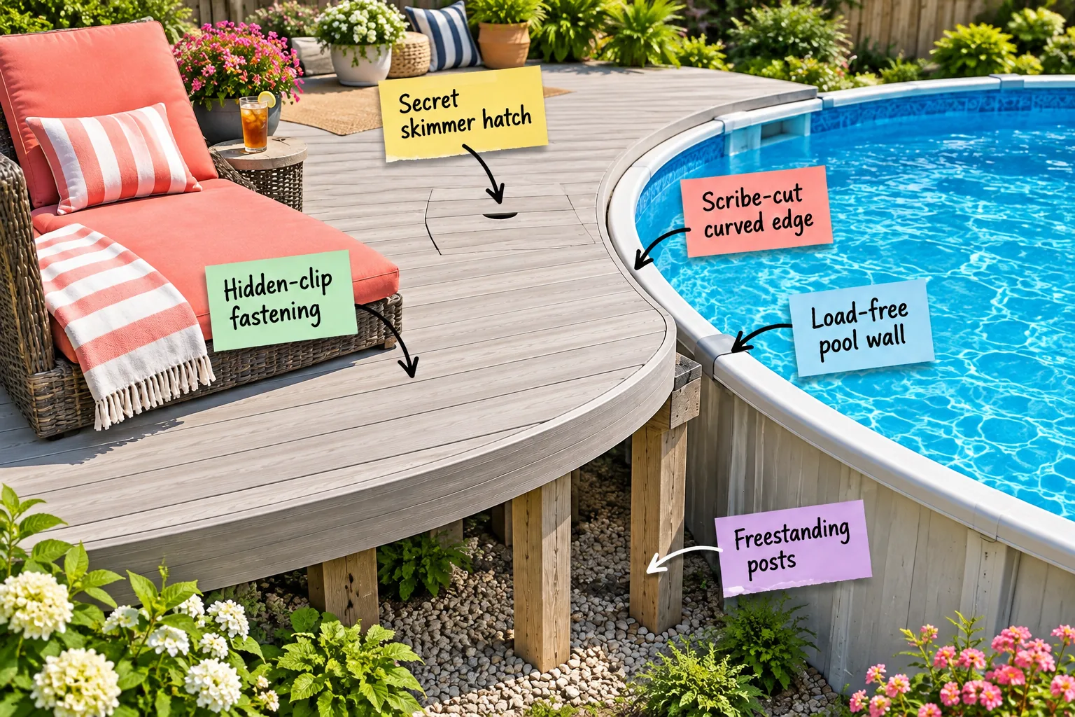 A pale gray half-moon wooden deck built perfectly flush against a round above-ground pool, styled with a coral lounge chair.