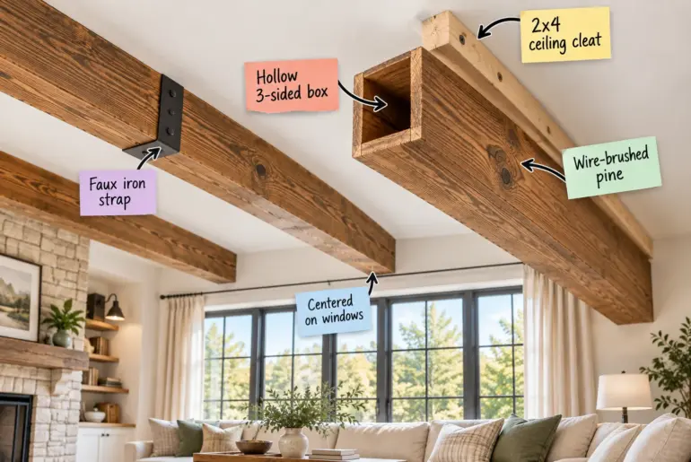 A hollow U-shaped wooden beam being installed over a 2x4 mounting cleat on a white living room ceiling.