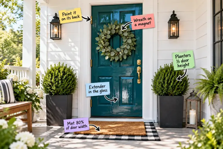 Glossy teal front door styled with a eucalyptus wreath, layered doormats, and tall boxwood planters on a white porch.