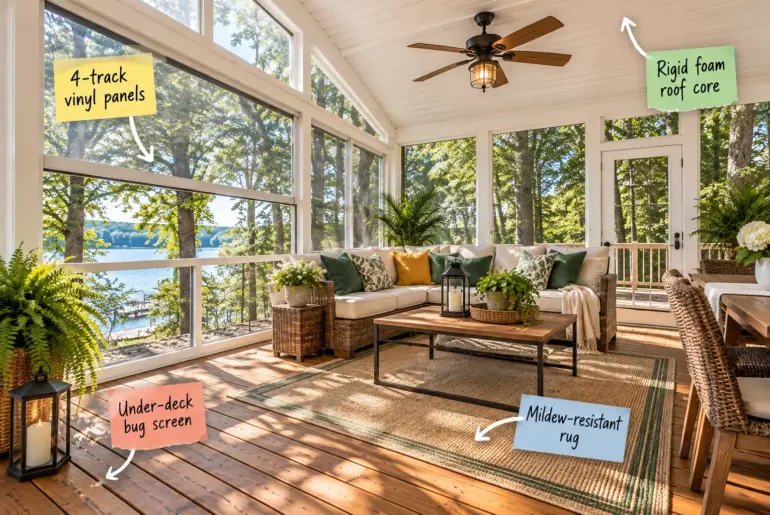 A bright 3-season room built on a wooden deck with large open vinyl window panels, a white paneled ceiling, and cozy wicker seating on a textured rug.