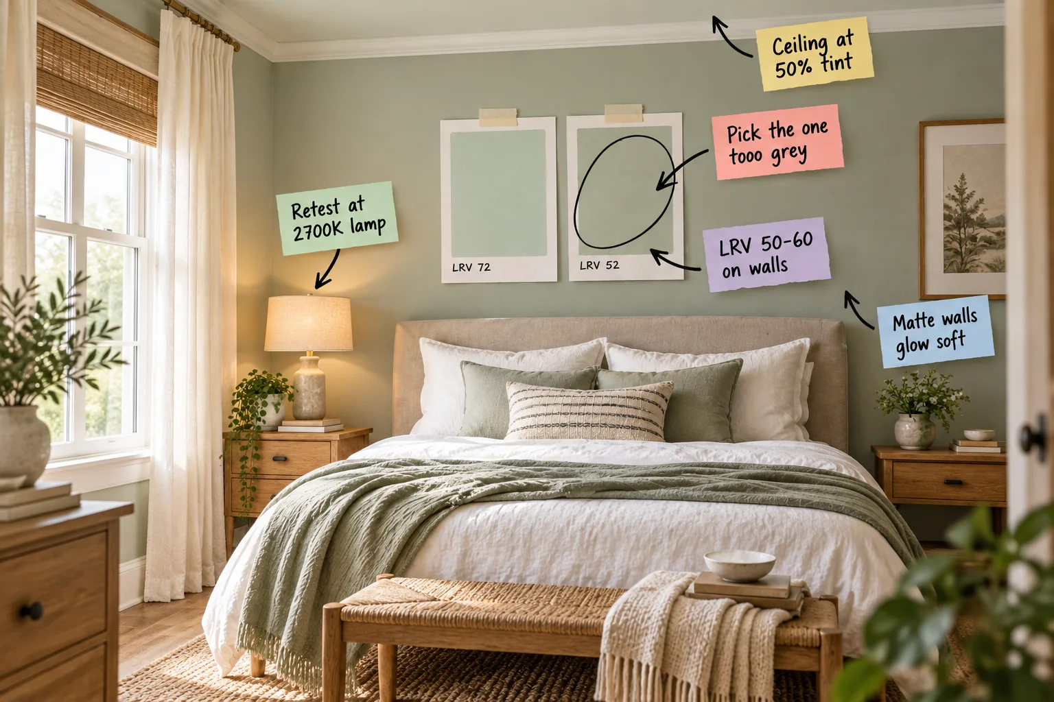 A bedroom with a greyed-sage wall, a linen bed, and two large painted sample boards taped to the wall, with the greyer sample circled and annotated with paint selection rules.