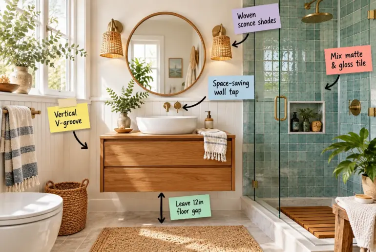 A bright coastal bathroom featuring a floating teak vanity, sea-glass green shower tiles, vertical white wainscoting, and brass wall taps.