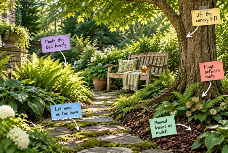 A lush shade garden under a mature tree with a wooden bench, ferns, and a mossy stone path, annotated with gardening tips.