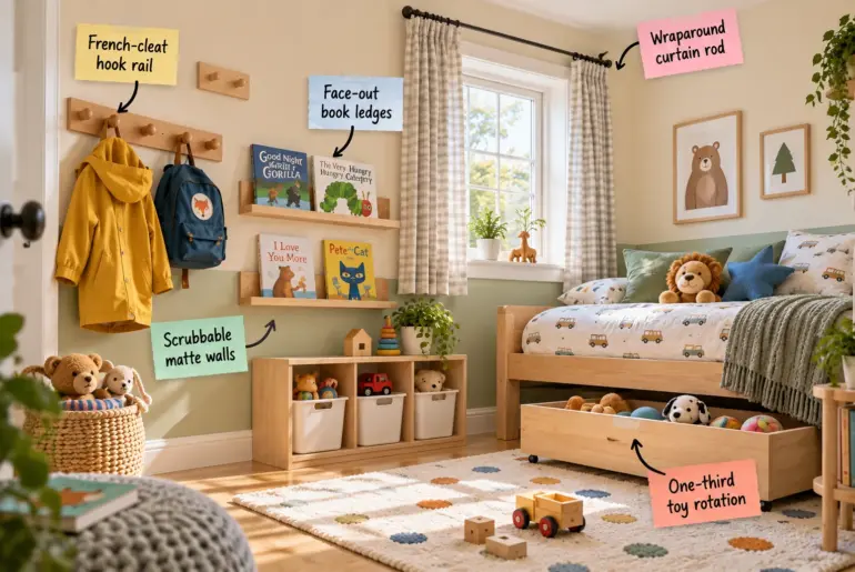 A sunny kids bedroom photographed from a low angle, featuring a sage green lower wall, an oak peg rail with a yellow raincoat, face-out book ledges, a low cubby with white bins, and a daybed with a rolling toy drawer beneath a window with plaid curtains.