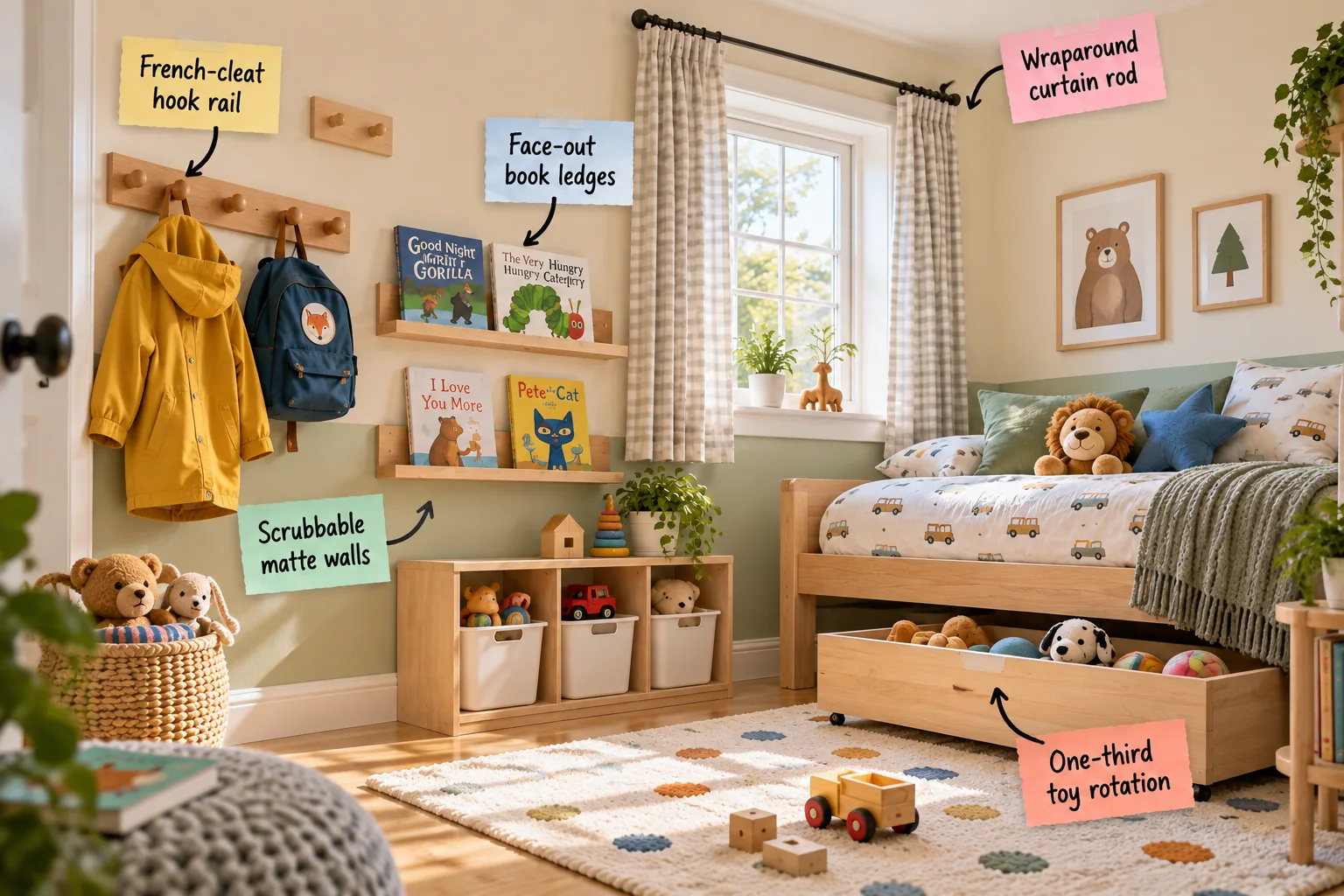 A sunny kids bedroom photographed from a low angle, featuring a sage green lower wall, an oak peg rail with a yellow raincoat, face-out book ledges, a low cubby with white bins, and a daybed with a rolling toy drawer beneath a window with plaid curtains.