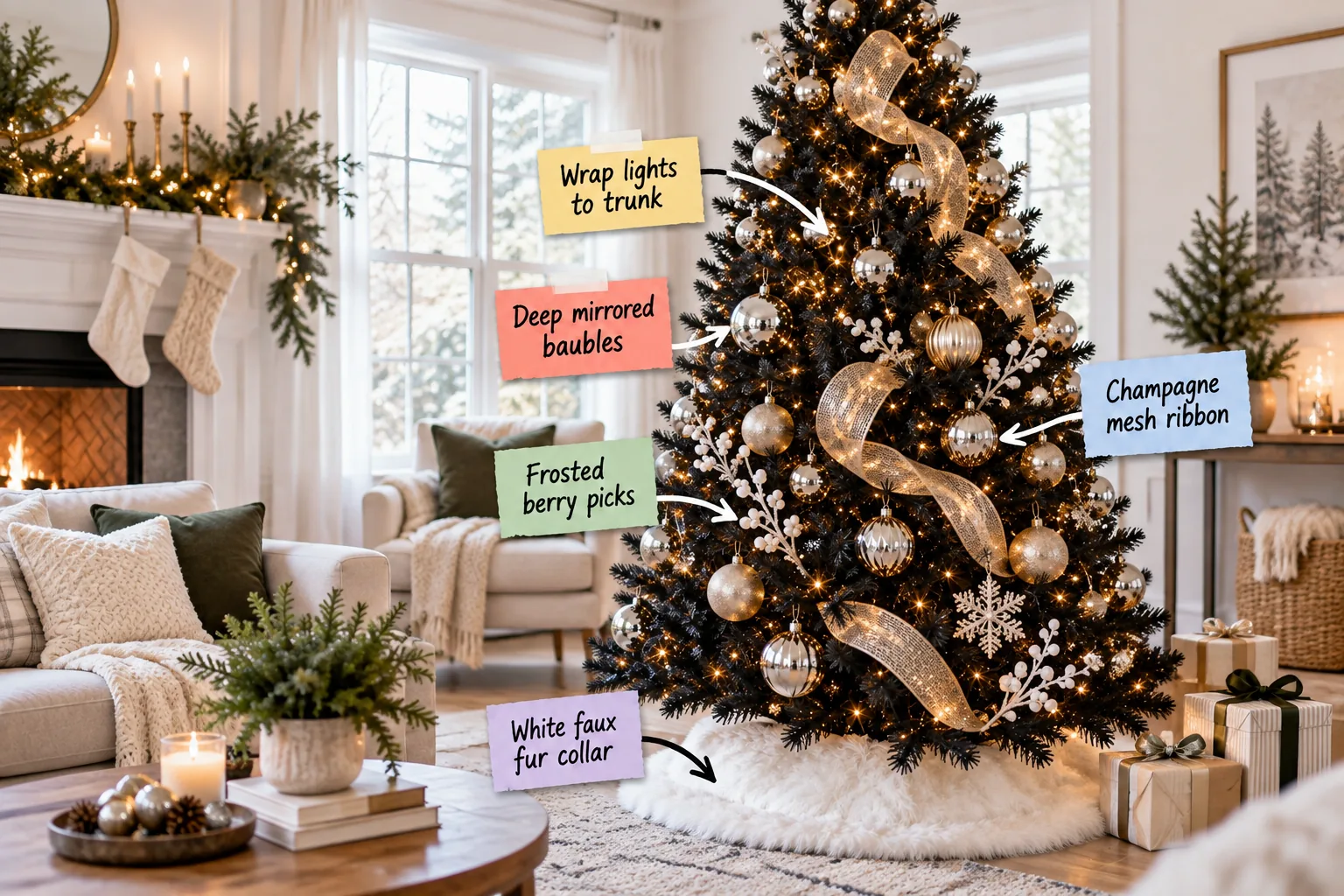 Fully decorated black Christmas tree with gold and silver ornaments, champagne ribbon, and white berry picks in a bright modern living room, with labels pointing to key styling elements.