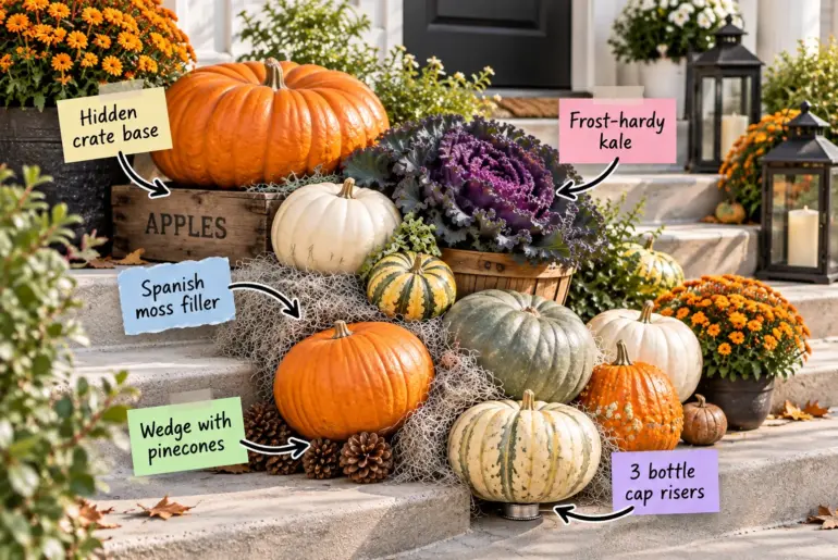 A cascading fall display on concrete front steps featuring orange and green heirloom pumpkins, purple ornamental kale, a wooden crate, and Spanish moss.