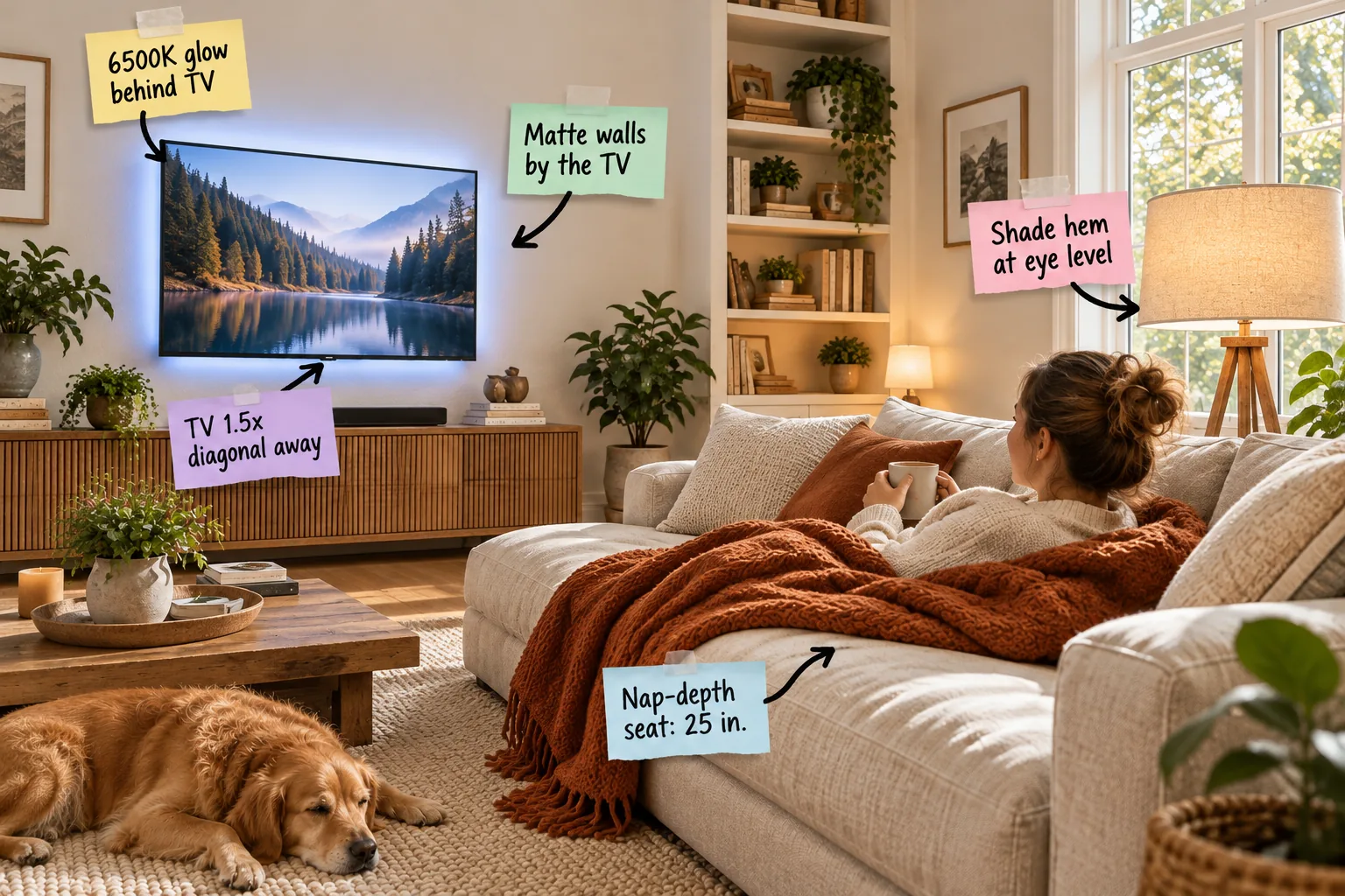 A bright living room with an oatmeal sofa, rust throw blanket, golden retriever on a chunky rug, and a wall-mounted TV with white backlighting.