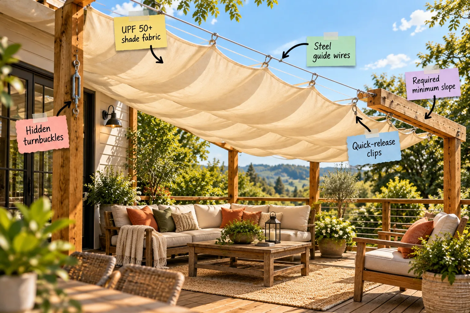 A wooden deck with a retractable beige canvas canopy hung on steel wires, annotated with sticky notes highlighting the materials and hardware.