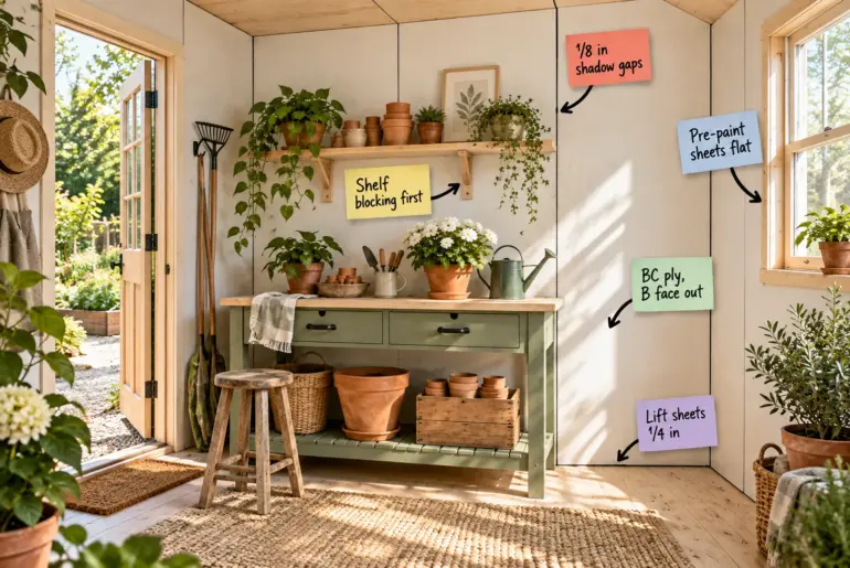Interior of a bright garden shed with warm-white plywood walls, a sage green potting bench, and terracotta pots on a pine shelf.