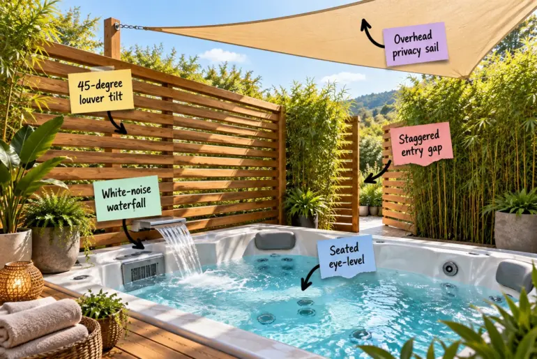 A modern outdoor hot tub surrounded by cedar privacy screens, bamboo plants, and an overhead shade sail.