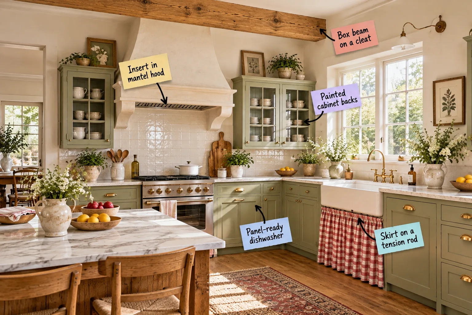 A sunlit country kitchen featuring a cream plaster mantel hood, sage green cabinets, an oak ceiling beam, and a gingham sink skirt.