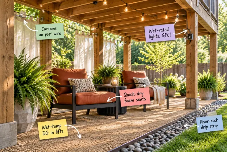 An inviting outdoor lounge built under a wooden deck with a tan granite floor, terracotta chairs, and string lights.