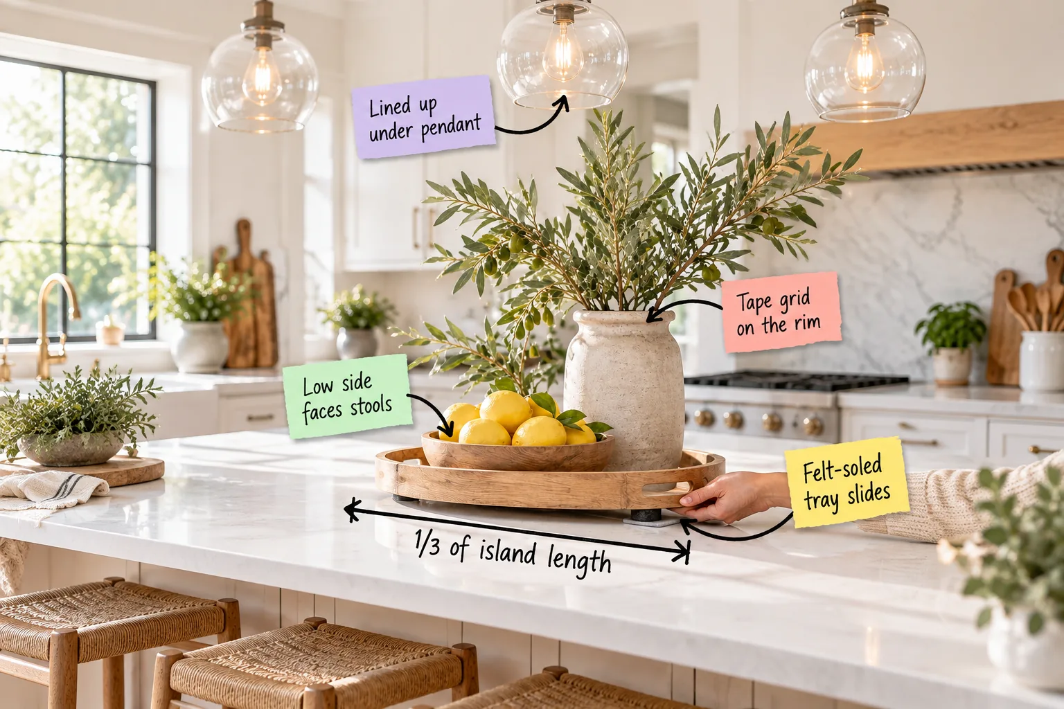 White quartz kitchen island styled with an oak tray, stoneware vase of olive branches, and a bowl of lemons.