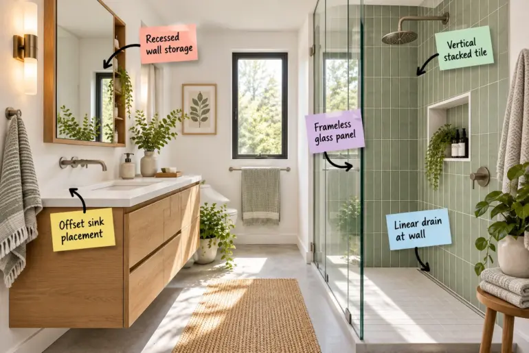 A bright small master bathroom featuring a floating wood vanity, clear glass shower, and sage green vertical tiles.