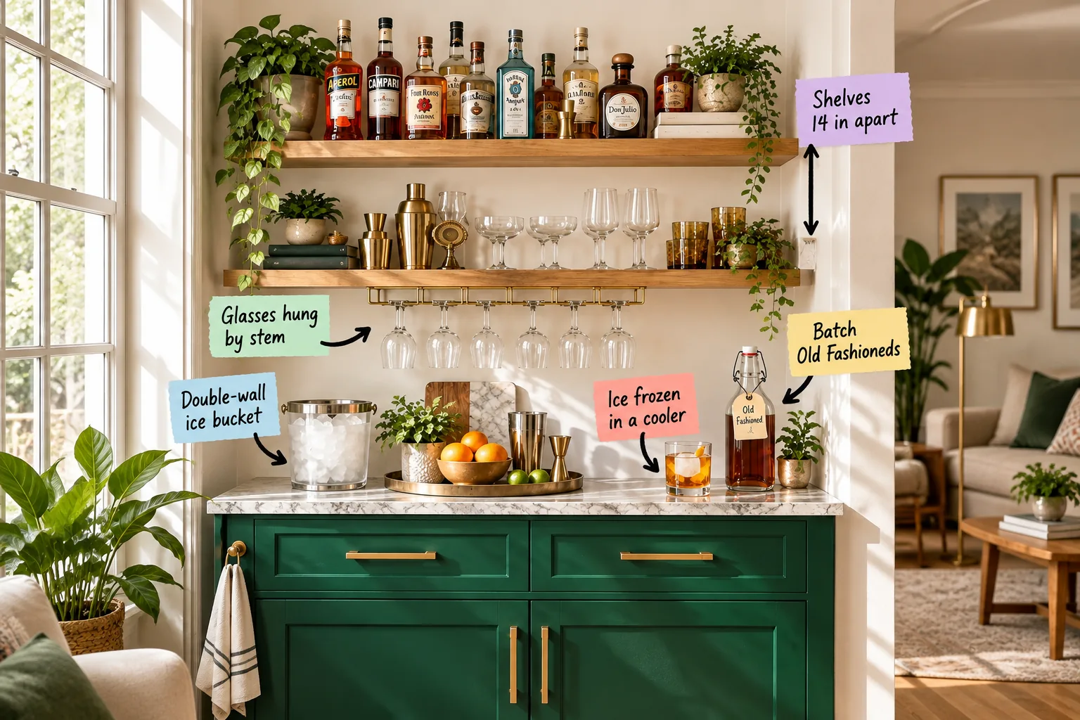 A 48-inch emerald green dry bar in a sunlit alcove with marble counters, two oak floating shelves holding liquor bottles, hanging stemware, and an ice bucket.