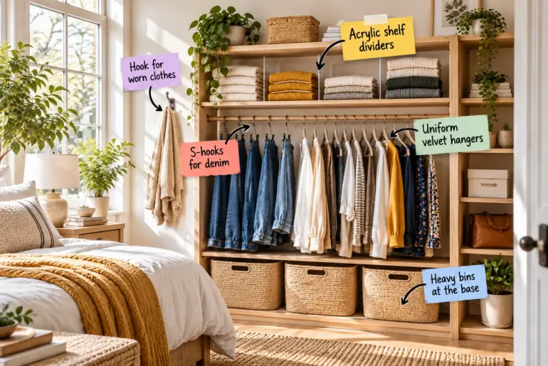 A styled light wood open wardrobe in a bright bedroom, featuring organized zones with acrylic dividers, S-hooks, velvet hangers, and woven floor bins.