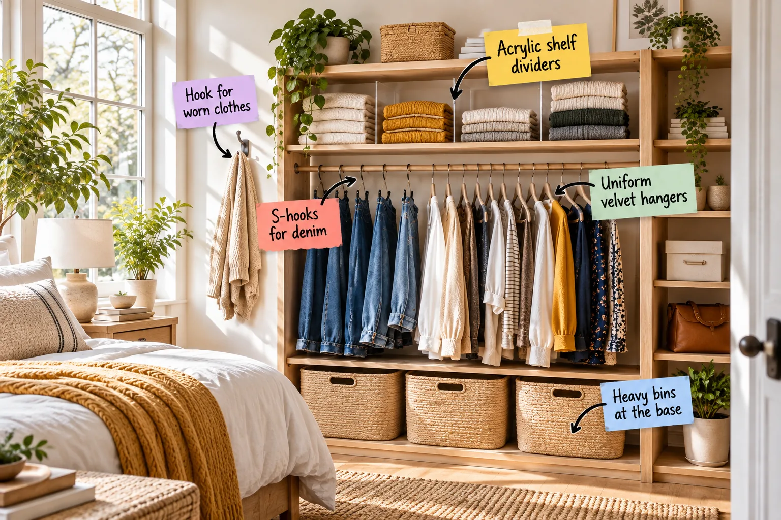 A styled light wood open wardrobe in a bright bedroom, featuring organized zones with acrylic dividers, S-hooks, velvet hangers, and woven floor bins.