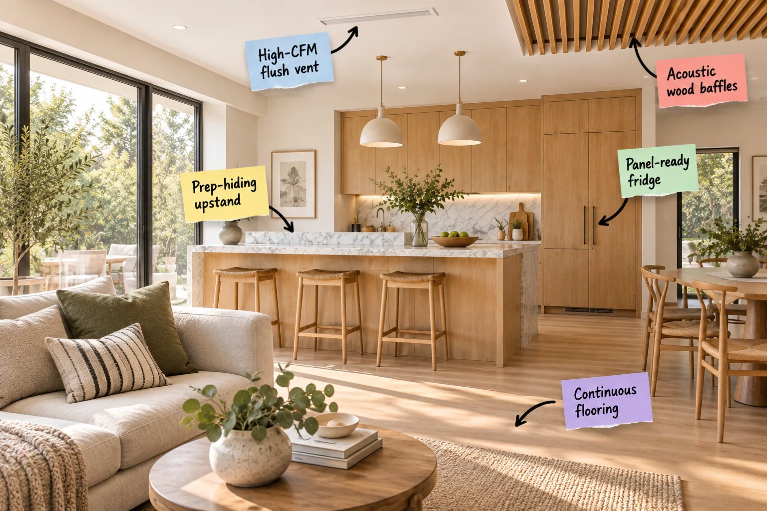 Open concept kitchen with white oak cabinets, marble island with a raised upstand, acoustic wood ceiling baffles, and continuous wood flooring flowing into a living room.