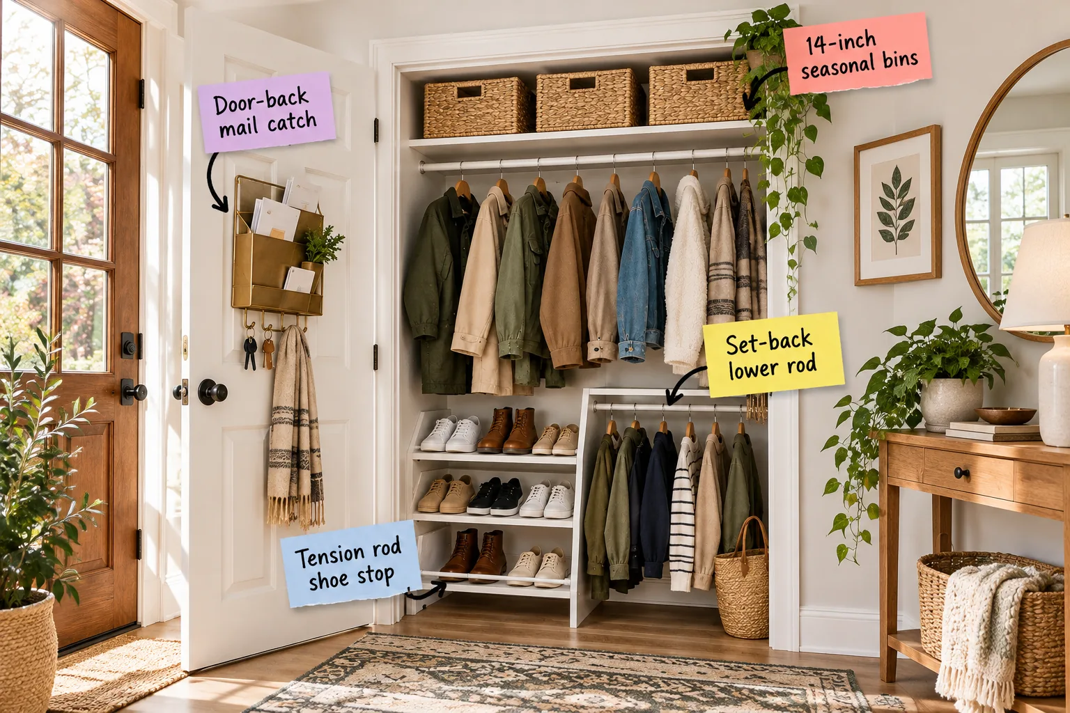 An organized entryway closet with woven bins on top, coats hanging on staggered rods, and angled shoe shelves.