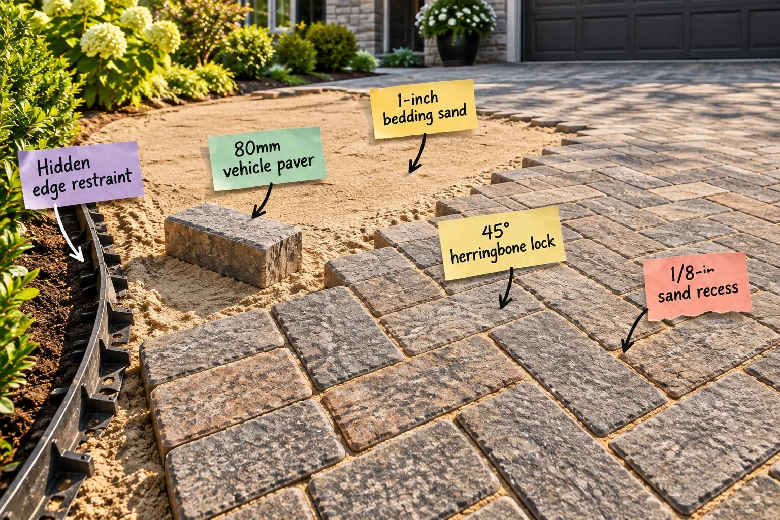 A partially finished paver driveway with sticky notes labeling the 45-degree herringbone pattern, 1/8-inch sand recess, hidden edge restraint, 80mm vehicle paver, and 1-inch bedding sand.