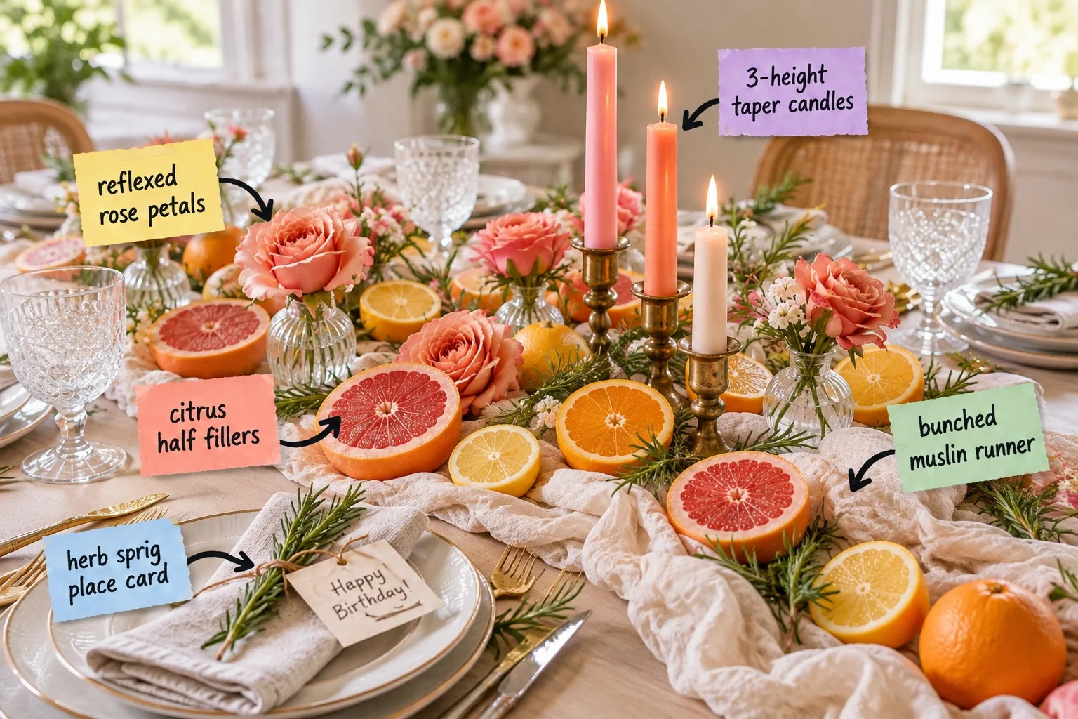 A bright birthday dinner table decorated with a muslin runner, halved grapefruits and oranges, pink taper candles, and small vases of roses.