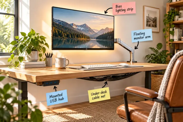 A clean, minimalist wooden desk setup featuring a floating monitor, warm bias lighting, and zero visible cables.