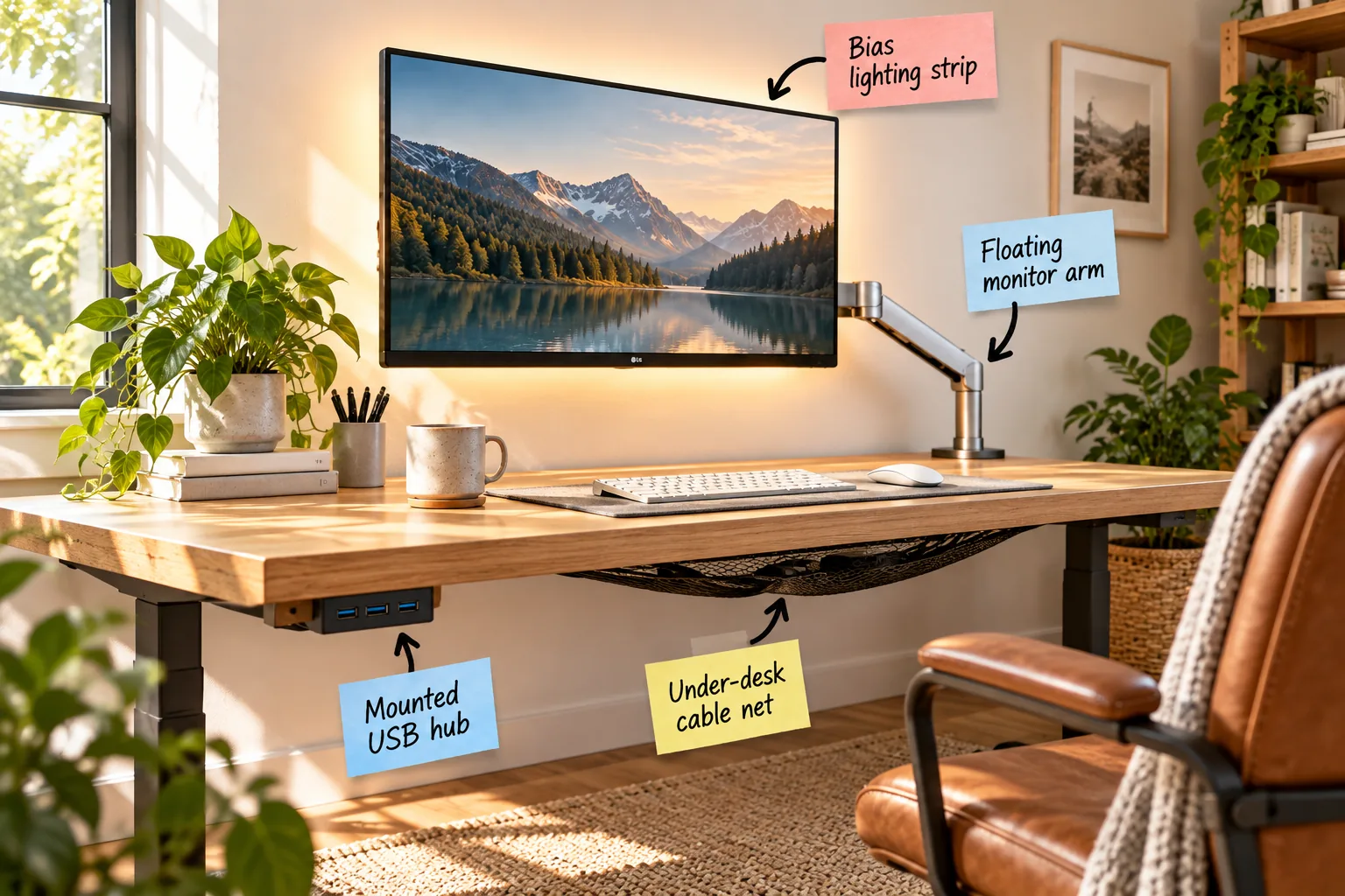 A clean, minimalist wooden desk setup featuring a floating monitor, warm bias lighting, and zero visible cables.