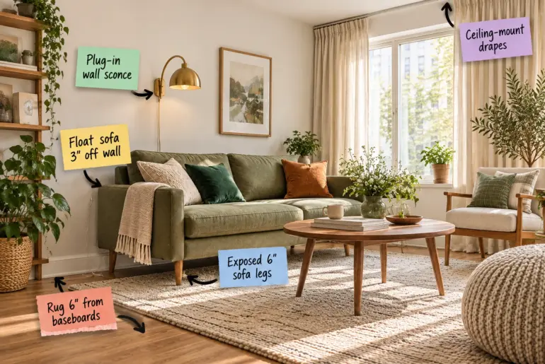 Bright small apartment living room with a green sofa, wood coffee table, and ceiling-height drapes.