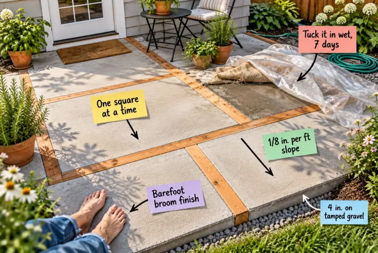 A 10 by 12 foot concrete patio divided by cedar strips, featuring bare feet on a broom-finished square, a sloped edge over gravel, and one corner covered in wet burlap and plastic.