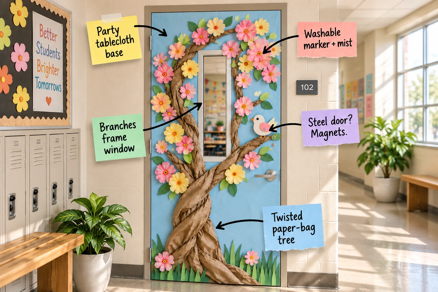 A classroom door decorated with a blue tablecloth background, a 3D twisted paper bag tree trunk, and pink and yellow coffee filter flowers.