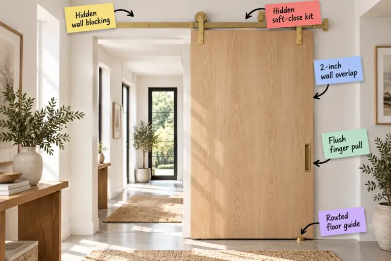 A modern white oak barn door on a brass track with labels pointing out hidden hardware features.